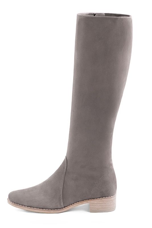 Bronze beige women's riding knee-high boots. Round toe. Low leather soles. Made to measure. Profile view - Florence KOOIJMAN